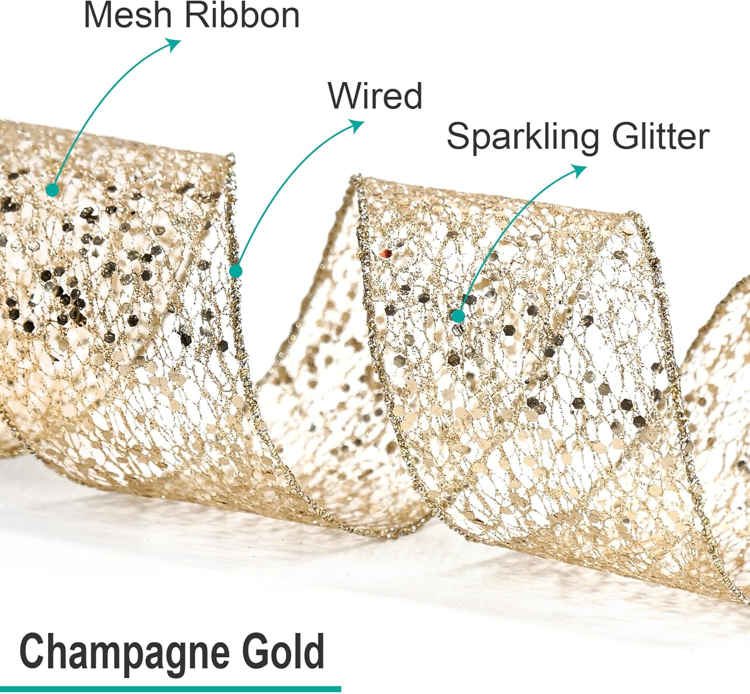 CT CRAFT LLC Sparkling Glitter Mesh Wired Ribbon 2.5" x 10 Yards Champagne Gold for Christmas Home Decor Bow Gift Wrapping DIY Crafts Wreath - Crafty Corner