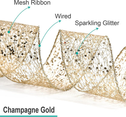 CT CRAFT LLC Sparkling Glitter Mesh Wired Ribbon 2.5" x 10 Yards Champagne Gold for Christmas Home Decor Bow Gift Wrapping DIY Crafts Wreath - Crafty Corner