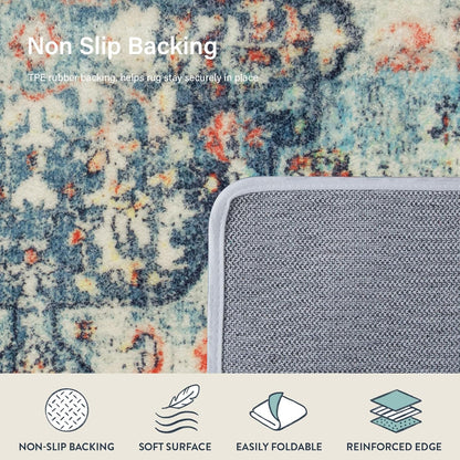 Lahome Bohemian Floral Medallion Area Rug - 3x5 Vintage Teal Distressed Entry Throw Rug Turkish Faux Wool Accent Rug Non-Slip Washable Low-Pile Carpet for Bathroom Entrance Living Bedroom