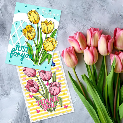 ORIGACH Tulip Layering Stencil Stamp and Die Set for Card Making, Flower Stencil Template Silicone Clear Stamps and Metal Die Sets for DIY Scrapbooking Photo Album Crafting