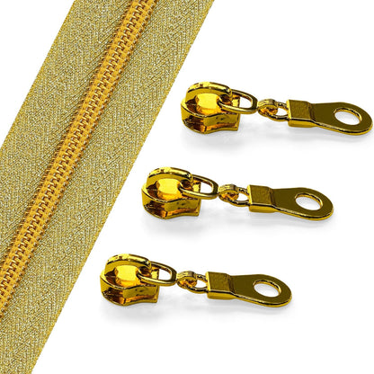Sawoake 10 Yards Bulk Zipper(#5), Gold Nylon Coil Zipper with Gold Teeth by The Yards, Replacement Sewing Zipper with 10PCS Zipper Sliders for DIY Sewing Craft Bags(#5 Gold Gold)