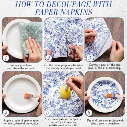 Crtiin 36 Pack 9 Styles Decoupage Napkins Assorted Floral Decorative Decoupage Napkins Chinoiserie Cocktail Paper for DIY Crafting Birthday Party, Each Unfolded 13 Inch(Blue and White Floral)