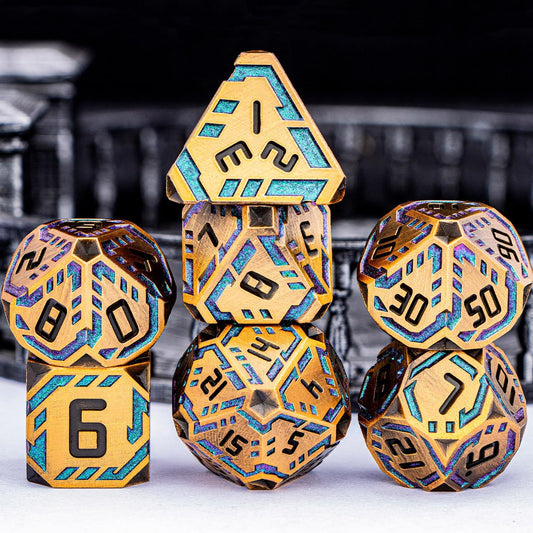 Metal DND Sci-fi Dice Set 7PCS Stripe Polyhedral Dice for Dungeons Dragons RPG Role Playing Game, Glitter D and D Dice with Gift Box D6 D8 D10 D12 D20 (Ancient Gold&Green Purple)