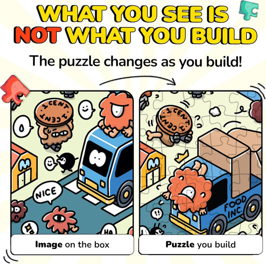 Odd Pieces Jigsaw Puzzles 1000 Pieces - Magic Mystery Story Secret Ending Puzzle - Perfect Game Night for Adults & Kids - Cartoon City Building Theme Sci-Fi (Turbo 3000)