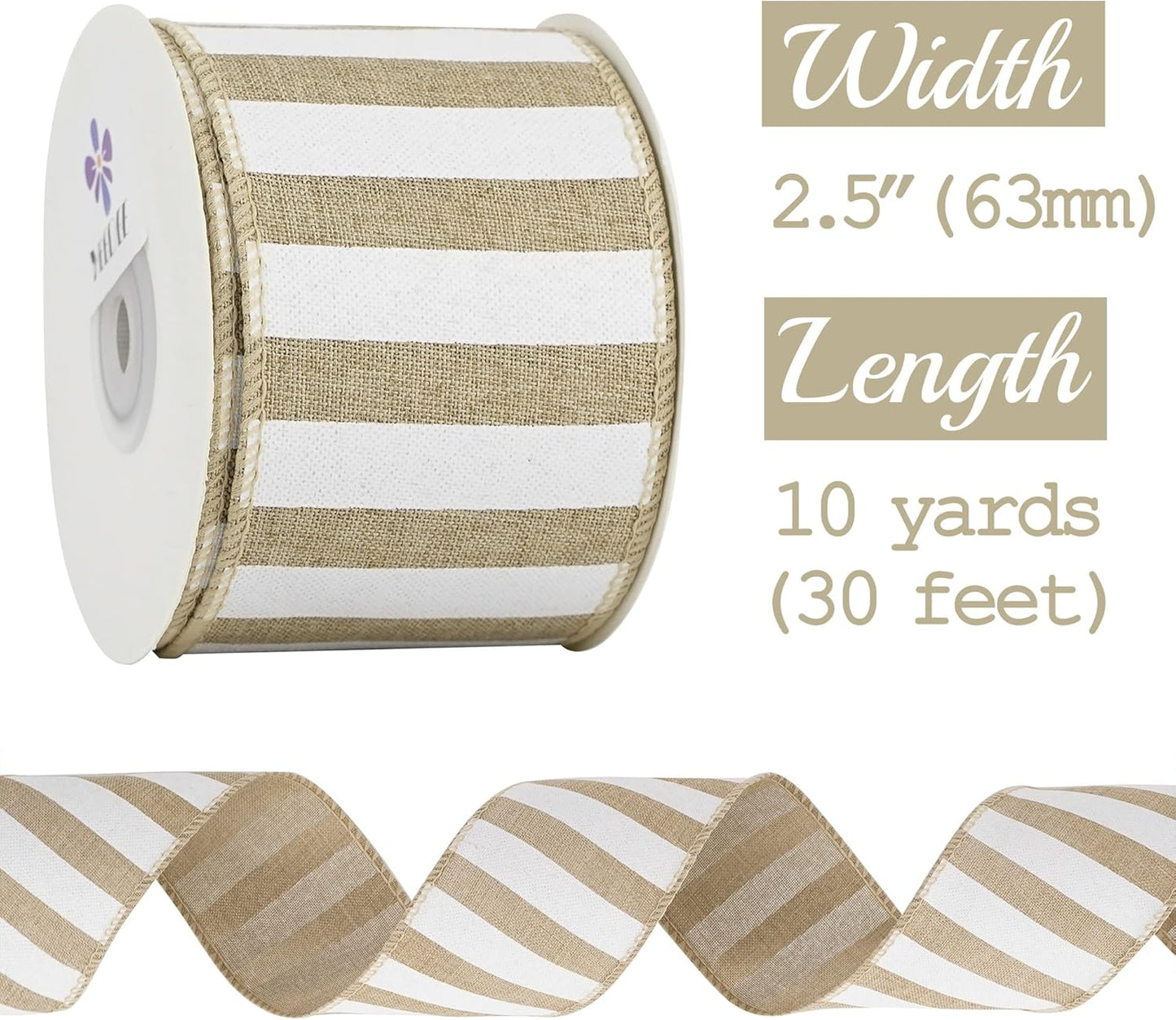 MEEDEE Burlap Ribbon with White Stripe Burlap Ribbon 2.5 Inch Wired Ribbon for Cakes Gift Basket Bow Wreath Ribbon for Rustic Front Door Wreath Baby Shower Beach Party Farmhouse Decor, 10 Yards - Crafty Corner