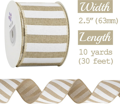 MEEDEE Burlap Ribbon with White Stripe Burlap Ribbon 2.5 Inch Wired Ribbon for Cakes Gift Basket Bow Wreath Ribbon for Rustic Front Door Wreath Baby Shower Beach Party Farmhouse Decor, 10 Yards - Crafty Corner