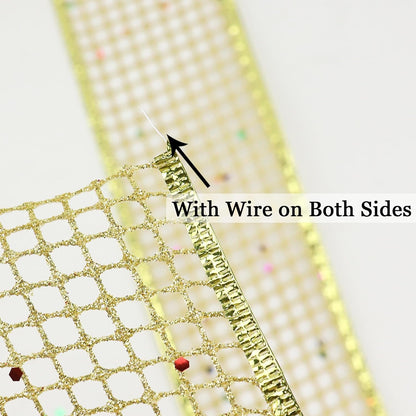MEEDEE Gold Glitter Ribbon Gold Christmas Ribbon 2.5 Inch Square Mesh Net Wired Ribbon with Rainbow Sparkle Gold Wired Ribbon Gold Ribbon for Christmas Tree Decoration, Wreath Bow Making (10 Yards) - Crafty Corner
