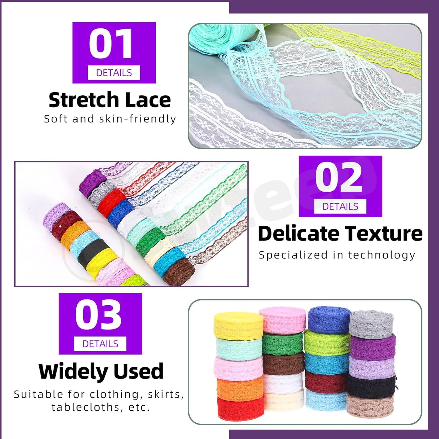 Swpeet 20 Rolls in Total 200 Yards 2.2cm×10 Yards Colorful Lace Ribbon Unilateral Floral Pattern Fabric Lace Ribbon, Lace Trim Ribbon Crafting Lace for Wedding Decorating, Sewing Gift Wrapping - Crafty Corner