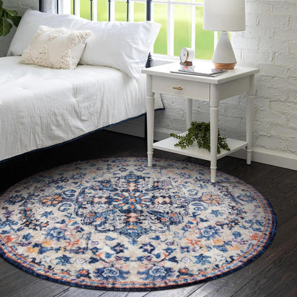 Lahome Round Rug 4ft, Washable Bathroom Rug Non Slip Entryway Circle Mat, Bohemian Vintage Non-Slip Non-Shedding Low Pile Printed Indoor Carpet for Kitchen Laundry Entryway, Blue Purple/Multi