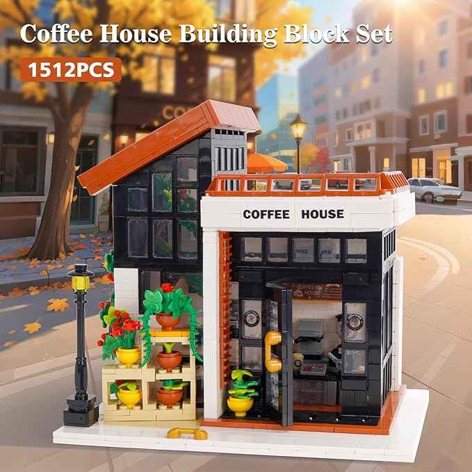 City Coffee House Building Blocks Set, Openable Architecture Model Building Blocks Street View Modern Building Construction Toy, 1512 PCS