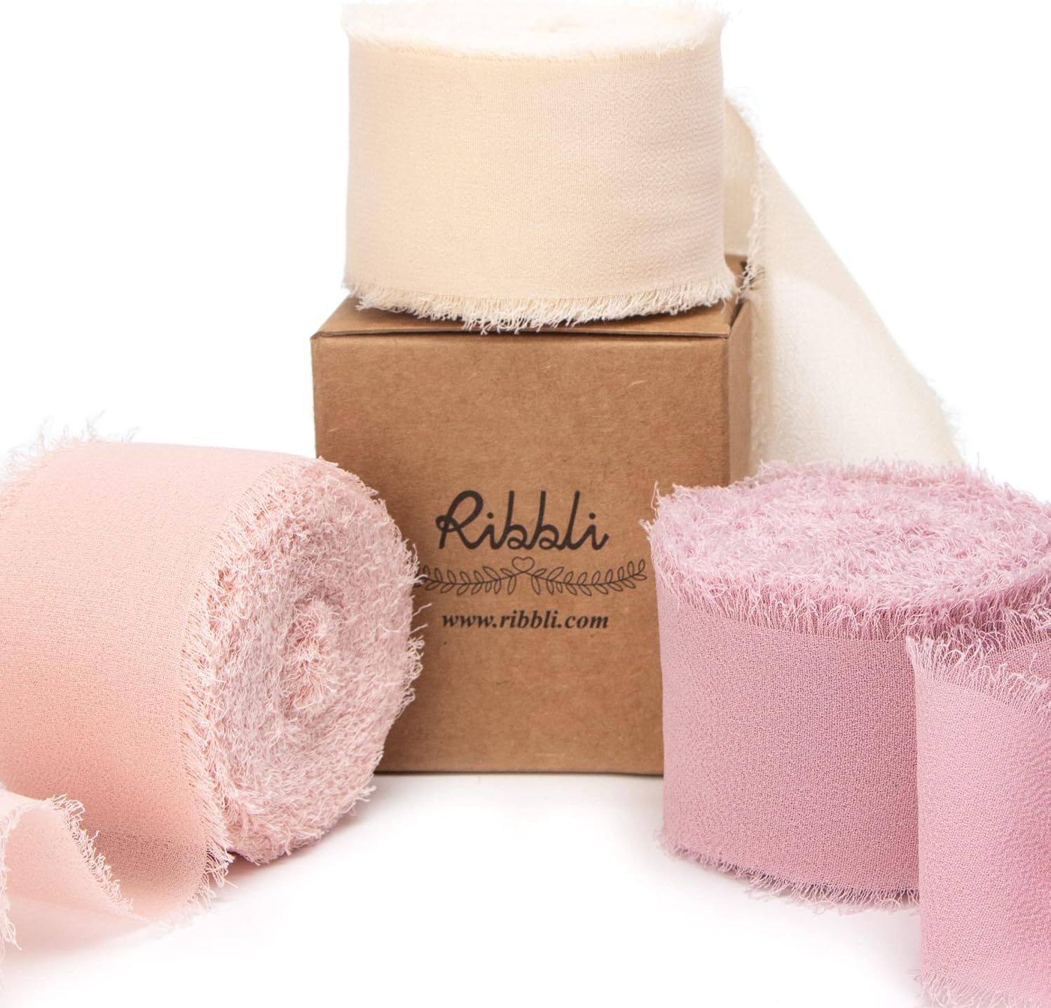 Ribbli Chiffon Silk Ribbon, 1.5 inch x 30 Yard, Champagne/Blush Pink/Dusty Rose Fringe Chiffon Ribbon for Wedding Invitations, Bridal Bouquets Wrapping, Flower Arrangement Decoration - Crafty Corner