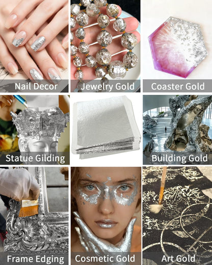 Luckymica Gold Leaf Sheets, 100 Pcs Adequate Gold Foil Sheets for Arts, Crafts, Decoration, Gilding, Paints, DIY, 5.5" x 5.5", Silver