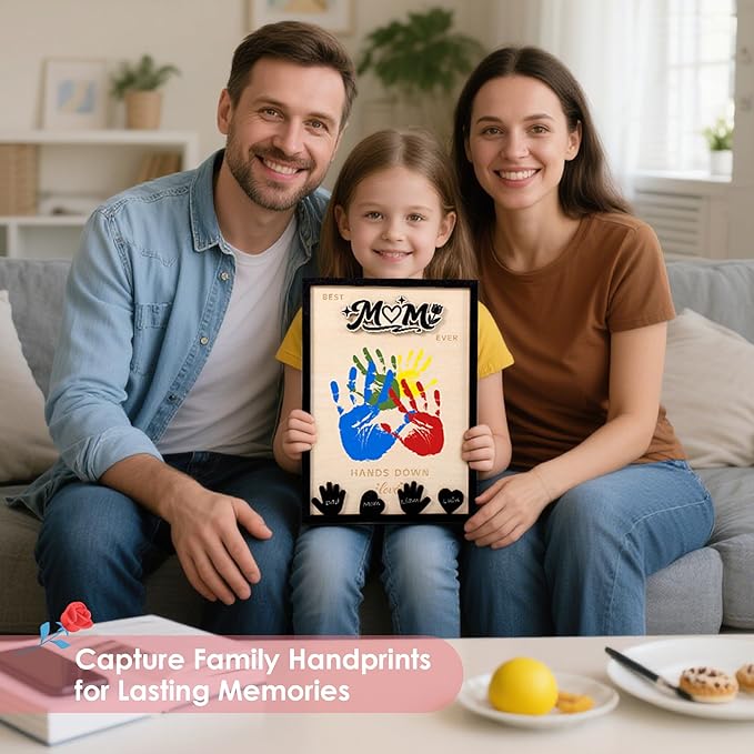 Mothers Day Gifts from Kids, DIY Handprint Craft Kit with 5 Non-Toxic Paint, Wooden Family Keepsake Frame with Kids Names, Hands Down Best Mom Ever Sign, Mothers Day Gift from Son Daughter