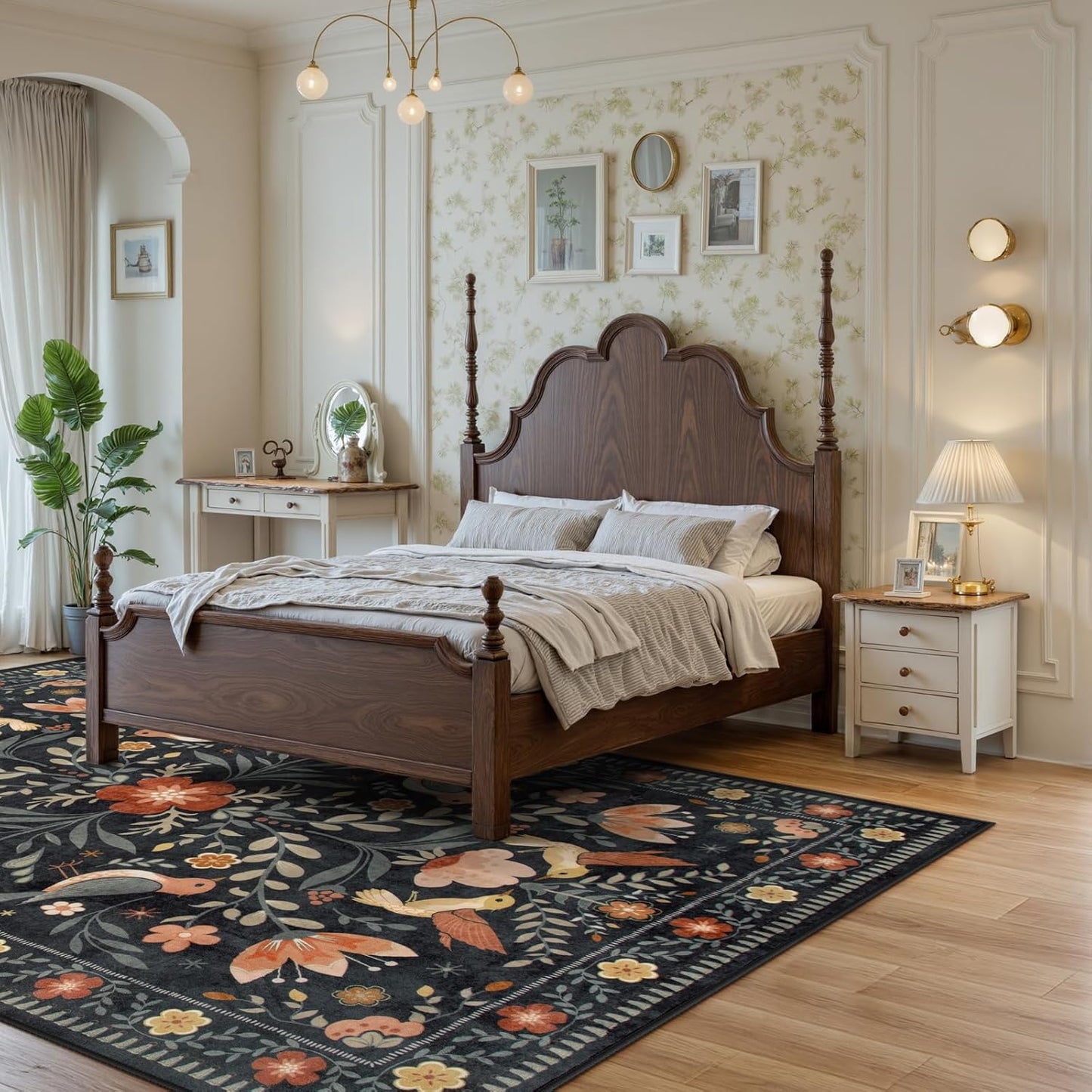 Morebes Washable 8x10 Area Rugs for Living Room Non Slip, Boho Botanical Soft Birds Bug Moody Rugs for Bedroom, Ultra-Thin Floral Flower Throw Carpet for Classroom Home Office Dorm Room, Black/Multi