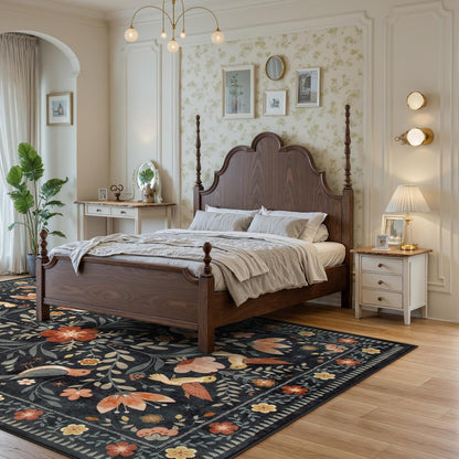 Morebes Washable 8x10 Area Rugs for Living Room Non Slip, Boho Botanical Soft Birds Bug Moody Rugs for Bedroom, Ultra-Thin Floral Flower Throw Carpet for Classroom Home Office Dorm Room, Black/Multi