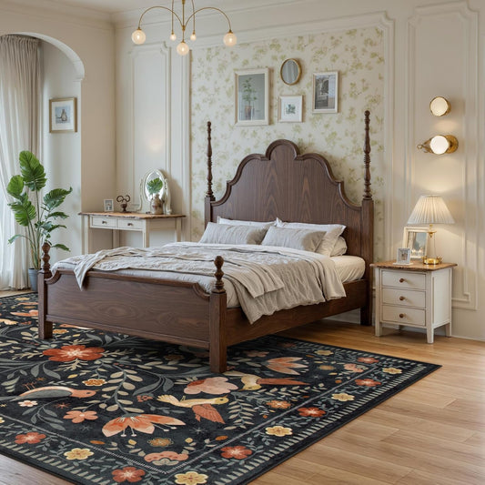 Morebes Washable 8x10 Area Rugs for Living Room Non Slip, Boho Botanical Soft Birds Bug Moody Rugs for Bedroom, Ultra-Thin Floral Flower Throw Carpet for Classroom Home Office Dorm Room, Black/Multi