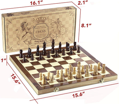 AMEROUS Chess Set, 15"x15" Folding Magnetic Wooden Standard Chess Game Board Set with Wooden Crafted Pieces and Chessmen Storage Slots