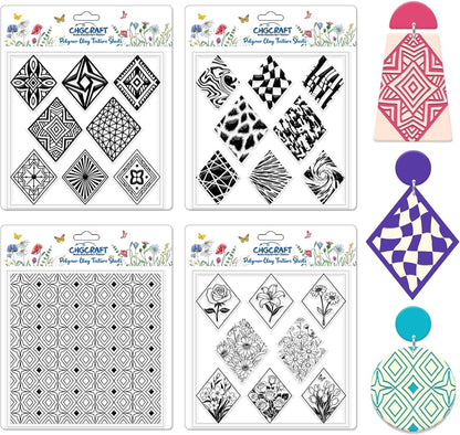 CHGCRAFT 4 Pcs Rhombus Pattern Polymer Clay Texture Sheets Abstract Art Silicone Texture Stamp Rhombus Flowers Modeling Pattern Pad Sheets for Jewelry and Earrings Tools, 5.5x5.5 inch