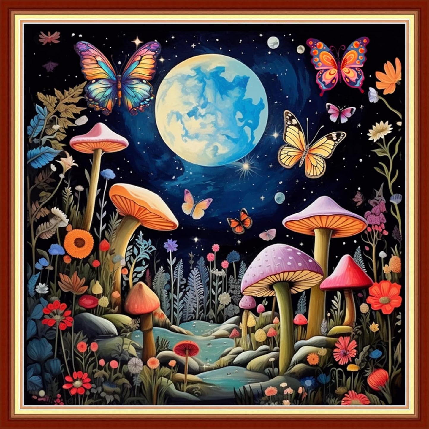 Disxvivy Cross Stitch Stamped Full Embroidery Kits DIY 11CT Cotton Thread Printed DIY Needlepoint Kits Craft Needlework Set Cross-Stitch Stamped Sets-Moon Mushroom 18x18 inch