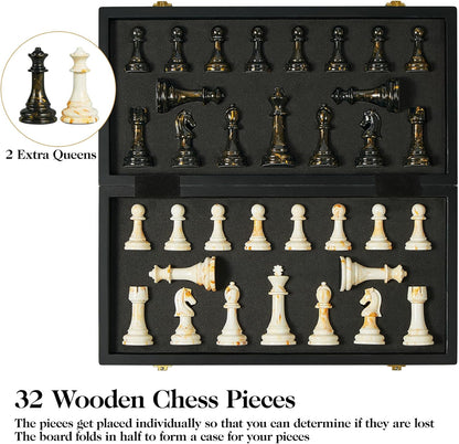 15" Large Chess Set for Adults- Weighted Acrylic Pieces Including Extra 2 Queens, 3.5" King w/Leather Base, Portable Folding Marbling Wooden Chess Board - Travel/Family Game & Elegant Gift