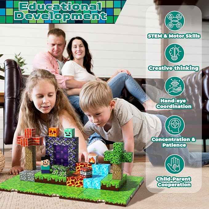 150 PCS Magnetic Blocks - Magnetic Building Block with 6 Base Plate, Stacking Magnets for Kids, Sensory Toy for Toddlers STEM Learning, Birthday Gifts for 3+ Years Old Boys Girls