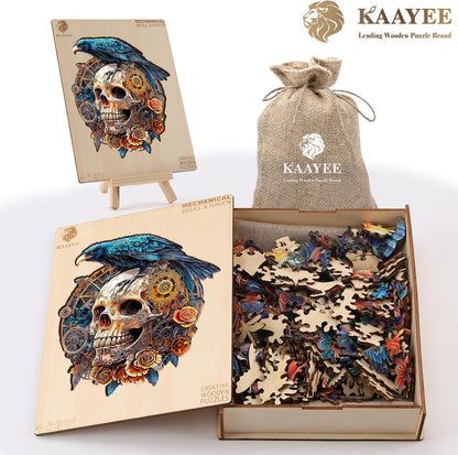 KAAYEE Wooden Puzzles for Adults, Raven & Mechanical Skull Wooden Jigsaw Puzzle 355 PCS Unique Shape Wood Puzzles Adult, 3D Visual Effect Flat Puzzle Birthday Gifts Family Games (XL-17.3 * 15.4in)