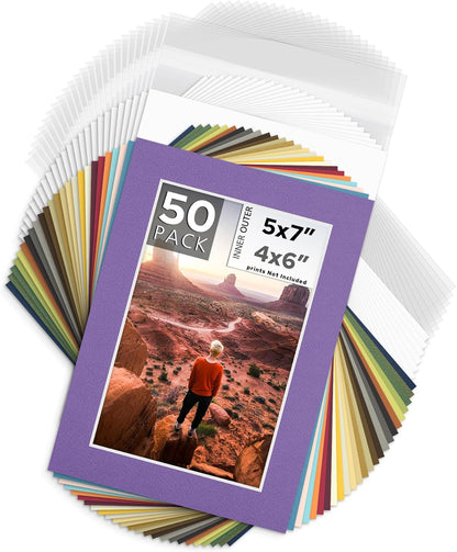 Mat Board Center, Pack of 50, 5x7 for 4x6 Mix Color Mat Kit - Acid Free, 4-ply Thickness, White Core - Includes Backing Boards and Clear Bags - for Pictures, Photos, Framing