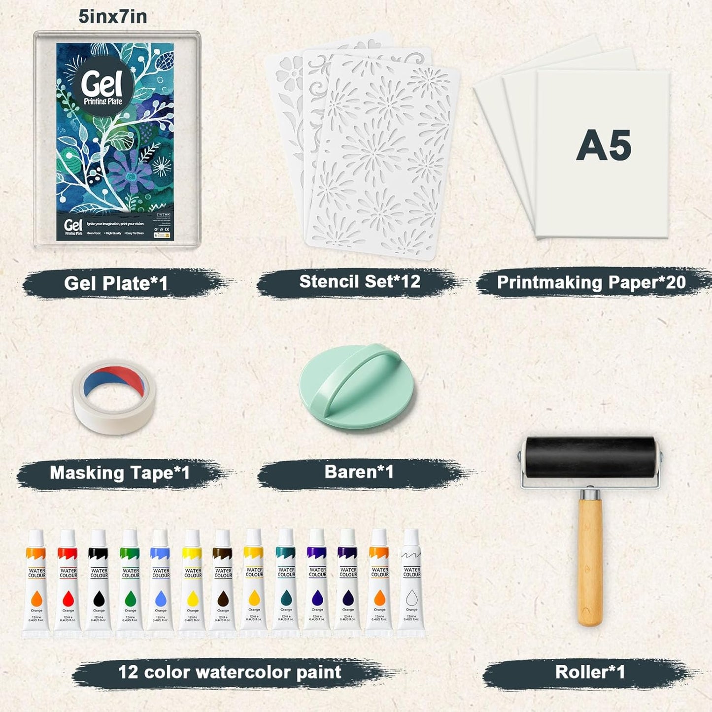 DINGSEN Gel Printing Plate Kit, Complete Printmaking Set with 5” X7” Gel Plate, Brayer, Acrylic Paint, A5 Printmaking Paper, and Essential Tools for Mixed Media Art, Monoprinting, Card Making