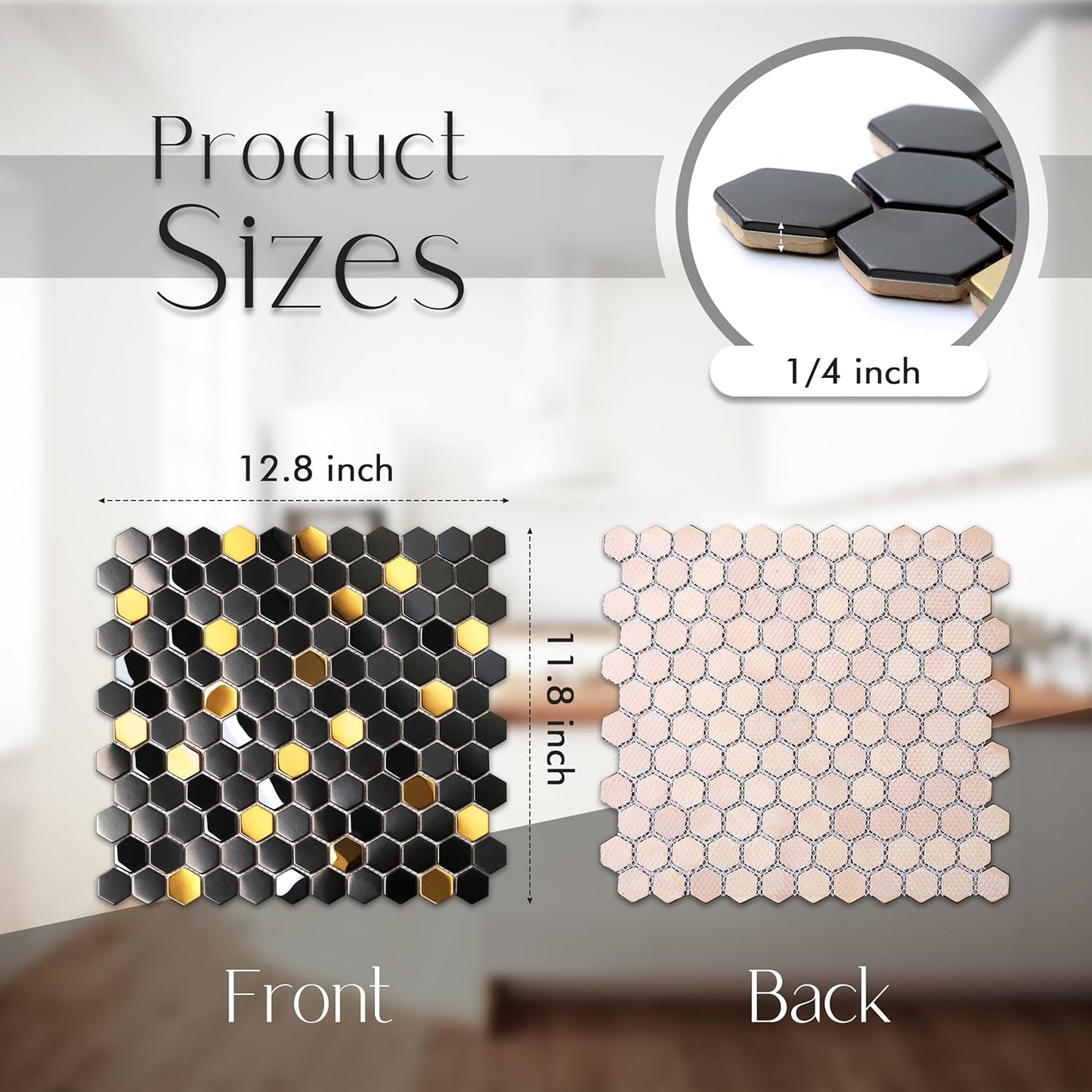 Blujellyfish Black and Gold Backsplash Wall Tiles Hexagon Mosaic Shower Floor Tile Kitchen Bathroom Tile (Box of 5 Sheets)