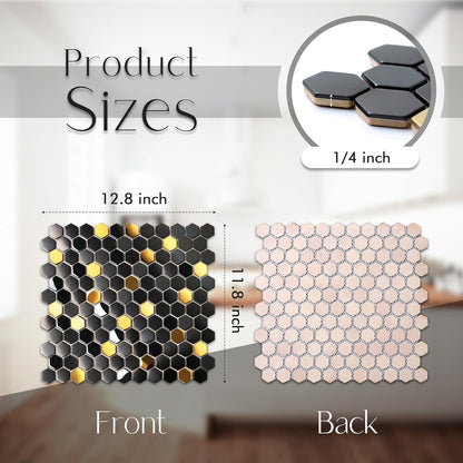 Blujellyfish Black and Gold Backsplash Wall Tiles Hexagon Mosaic Shower Floor Tile Kitchen Bathroom Tile (Box of 5 Sheets)