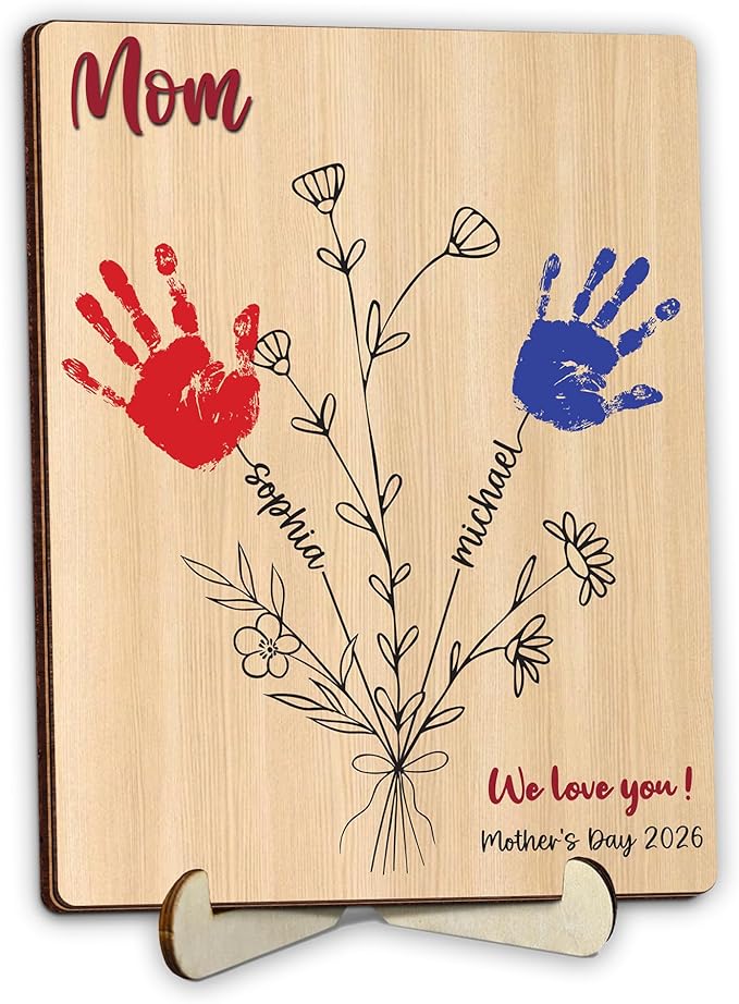 Personalized Handprint Wooden Sign for Mom Dad Grandma, DIY Kids Handprint Frame with Paints, Art Craft Family Keepsake, Mothers Fathers Day Valentines Birthday Gift for New Parents, Families