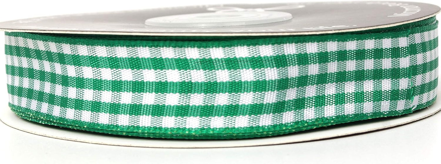 Green Gingham Plaid Checked Ribbon 25 Yards Each Roll 100% Polyester (5/8",Green) - Crafty Corner