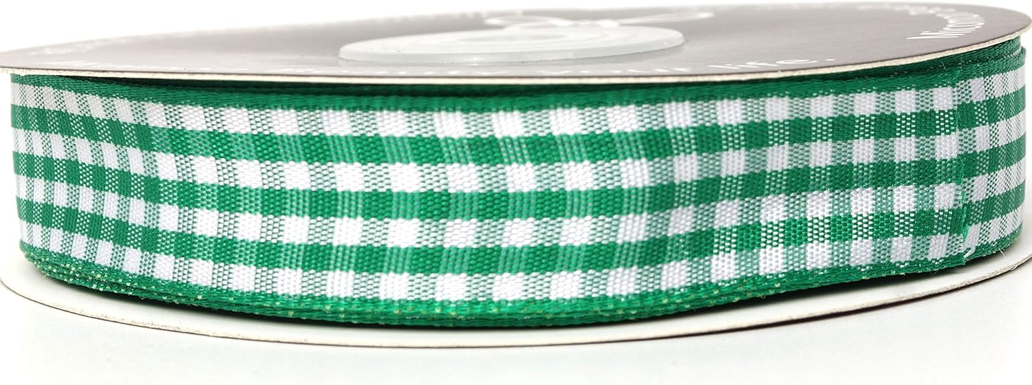 Green Gingham Plaid Checked Ribbon 25 Yards Each Roll 100% Polyester (5/8",Green) - Crafty Corner
