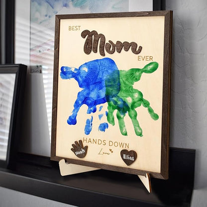 Best Mom Ever DIY Hands Down Sign Wooden Handprint Frame DIY Personalized Gifts for Mom, Mothers Day Gifts from Kids, Daughter, Son, Family Memories Sign with Kids Names, Custom Birthday Gift for Mom