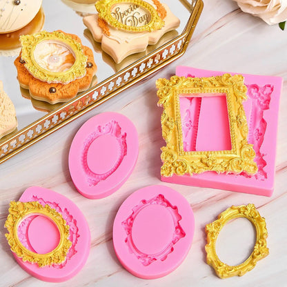 JOERSH 4PCS Baroque Frame Mold, Picture Photo Frames and Mirrors Silicone Fondant Mold for Cake Decorating, Cupcake Topper, Chocolate, Candy, Sugarcraft, Dessert Decor