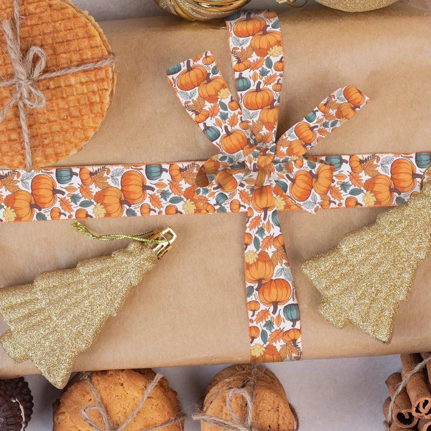 2 Rolls Fall Pumpkin Craft Ribbons for Wreath Bows, 2.5"×10 Yards Thanksgiving Wired Edge Ribbon Orange Burlap Autumn Leaves Wired Ribbons for Crafting Sewing Supplies - Crafty Corner