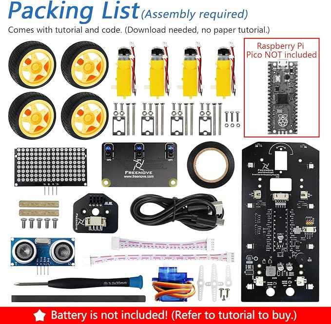 Freenove 4WD Car Kit for Raspberry Pi Pico (Not Included) (Compatible with Arduino IDE), Dot Matrix Expressions, Obstacle Avoidance, Line Tracking, Light Tracing, Colorful Light, App
