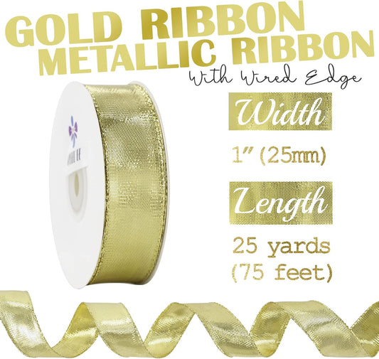 MEEDEE Gold Wired Woven Metallic Ribbon - 1 inch, 25 Yards for Gift Wrapping, Bows, Wreaths, Graduation, Wedding & Party Decorations - Crafty Corner