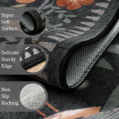 Morebes Washable Black Floral Rug 5x7, Flower Birds Area Rugs for Living Room Non Slip, Soft Low-Pile Indoor Floor Insect Print Throw Carpet for Bedroom Dining Playroom Home Office, Black/Multi