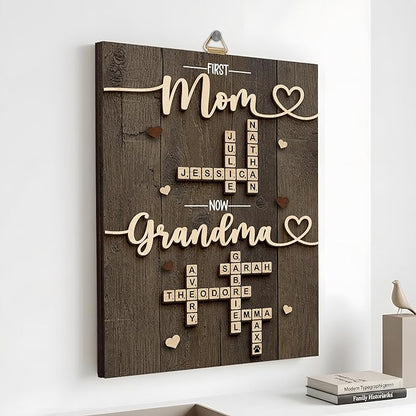 Personalized Family Scrabble Name Sign, Mom Gifts for Mothers Day from Son Daughter, Custom Crossword Tiles Letter Plaque, Birthday Gift for Nana, Grandma, Mimi, First Mom Now Grandma Keepsake