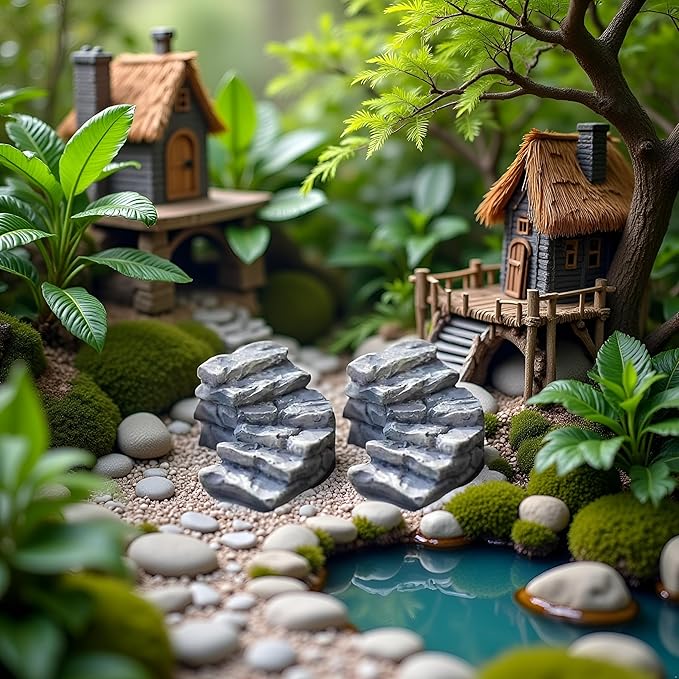 2 Pcs Curved Stone Steps Miniature Fairy Garden Accessories,Miniature Pond Lawn Ornament Figurines, Mini Lighthouse Water Well Bridge Figurines, Micro Landscape Ornaments for DIY Kit Statues