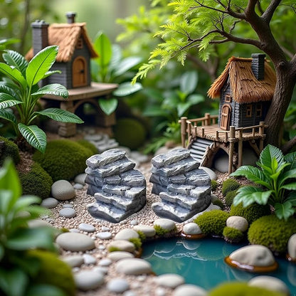 2 Pcs Curved Stone Steps Miniature Fairy Garden Accessories,Miniature Pond Lawn Ornament Figurines, Mini Lighthouse Water Well Bridge Figurines, Micro Landscape Ornaments for DIY Kit Statues