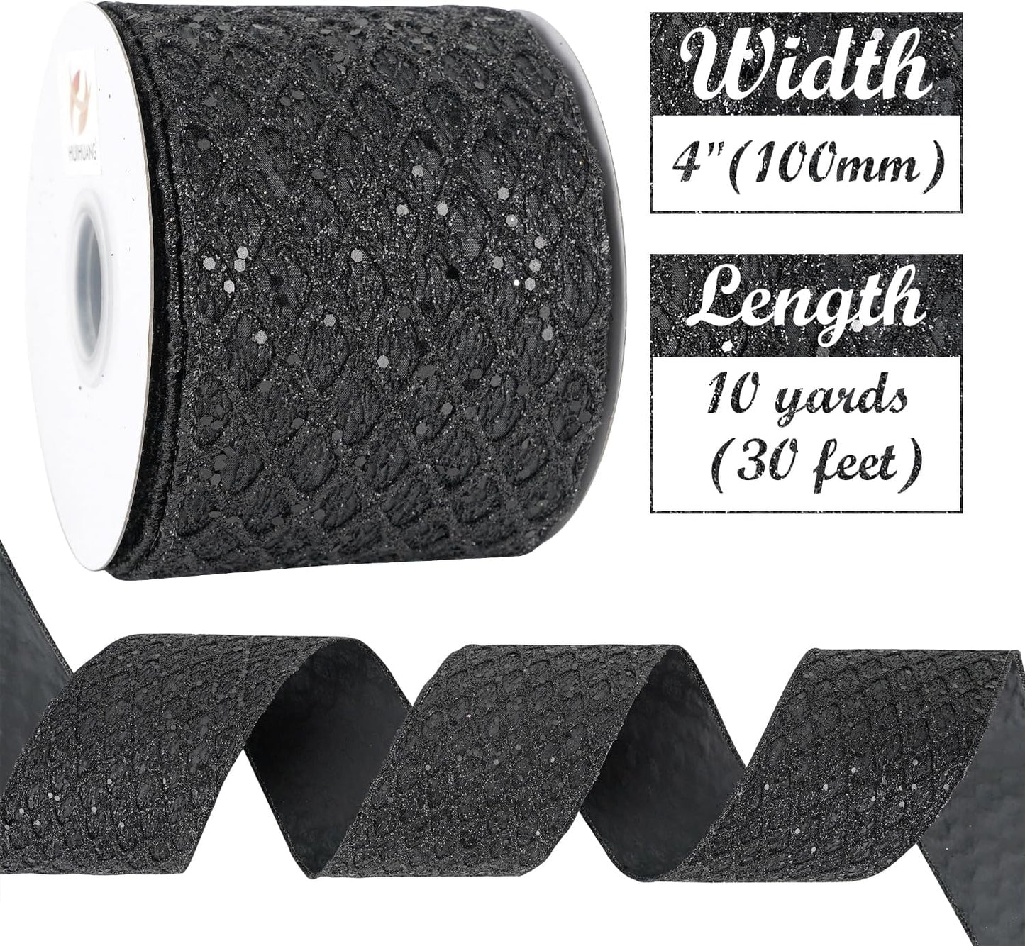 HUIHUANG Black Glitter Wired Ribbon 4 inch Black Christmas Tree Ribbon Diamond Mesh Wire Ribbon for Tree Decorations, Wreaths, Garland, Large Bows Making, Halloween Decor -10 Yards - Crafty Corner