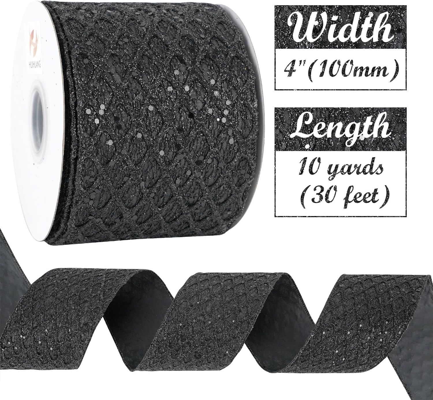 HUIHUANG Black Glitter Wired Ribbon 4 inch Black Christmas Tree Ribbon Diamond Mesh Wire Ribbon for Tree Decorations, Wreaths, Garland, Large Bows Making, Halloween Decor -10 Yards - Crafty Corner