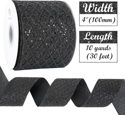 HUIHUANG Black Glitter Wired Ribbon 4 inch Black Christmas Tree Ribbon Diamond Mesh Wire Ribbon for Tree Decorations, Wreaths, Garland, Large Bows Making, Halloween Decor -10 Yards - Crafty Corner