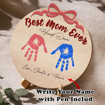 10'' Best Mom Ever Hand Down DIY Handprint Art Kit with Non-Toxic Paints Sentimental Family Keepsake, Toddler Crafts for Mother's Day, Mom Birthday Gifts from Kids, To Mom Keychain Message Gifts
