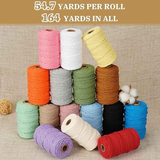 Macrame Cord 3mm x 164 Yards, 3 Rolls Beige Colored Macrame Cotton Cord Rope Kit Macrame Yarns Bulk String 4 Strands Twisted for Wall Hanger Plant Hanging DIY Crafts Knitting Macrame Supplies