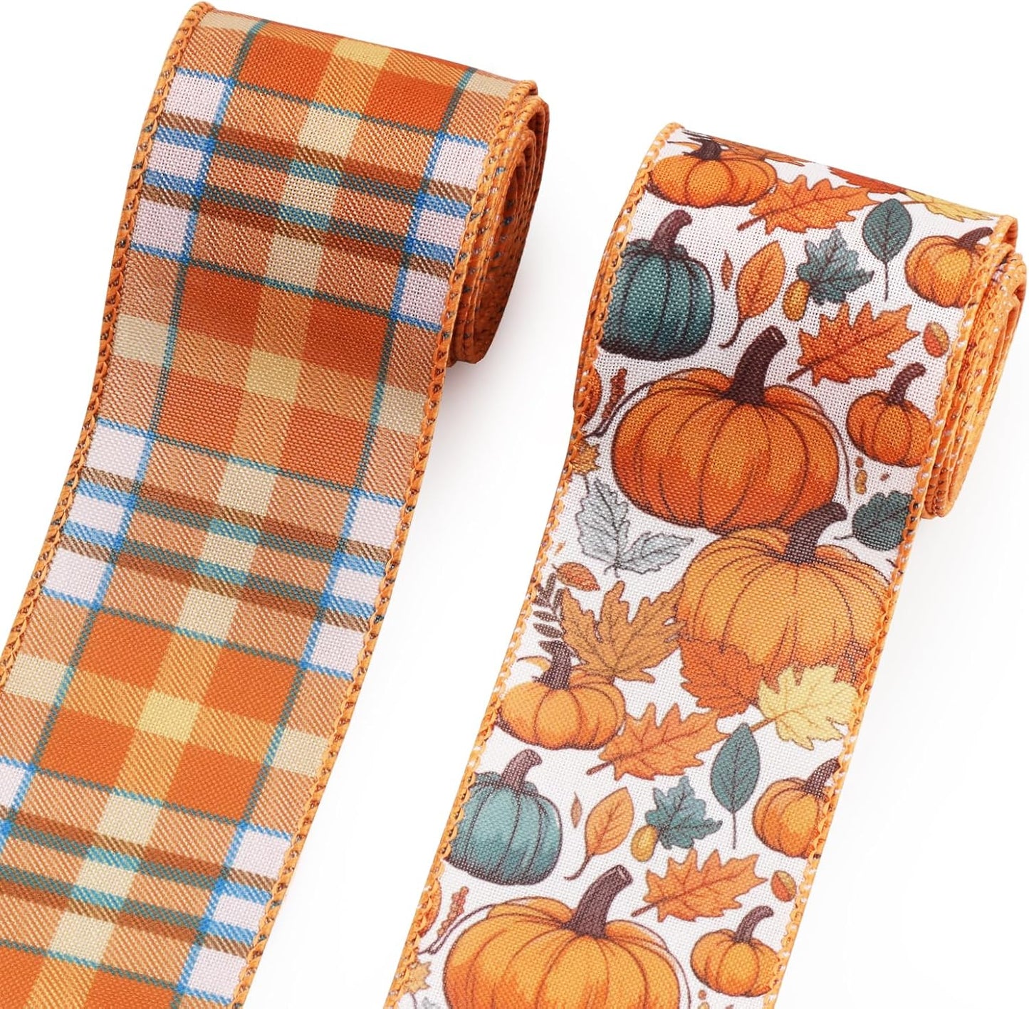 2 Rolls Fall Pumpkin Craft Ribbons for Wreath Bows, 2.5"×10 Yards Thanksgiving Wired Edge Ribbon Orange Burlap Autumn Leaves Wired Ribbons for Crafting Sewing Supplies - Crafty Corner