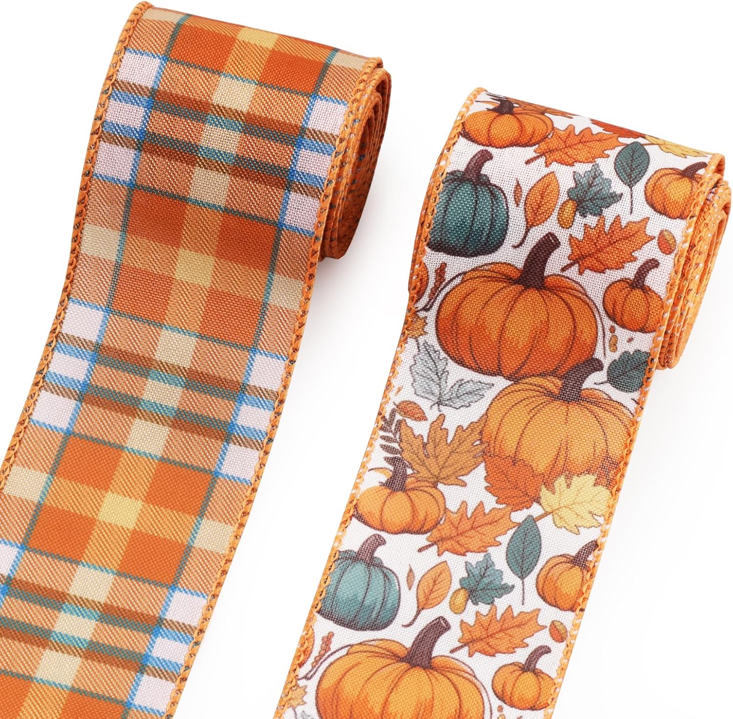 2 Rolls Fall Pumpkin Craft Ribbons for Wreath Bows, 2.5"×10 Yards Thanksgiving Wired Edge Ribbon Orange Burlap Autumn Leaves Wired Ribbons for Crafting Sewing Supplies - Crafty Corner