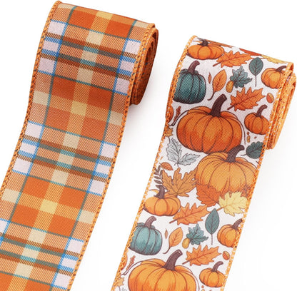 2 Rolls Fall Pumpkin Craft Ribbons for Wreath Bows, 2.5"×10 Yards Thanksgiving Wired Edge Ribbon Orange Burlap Autumn Leaves Wired Ribbons for Crafting Sewing Supplies - Crafty Corner